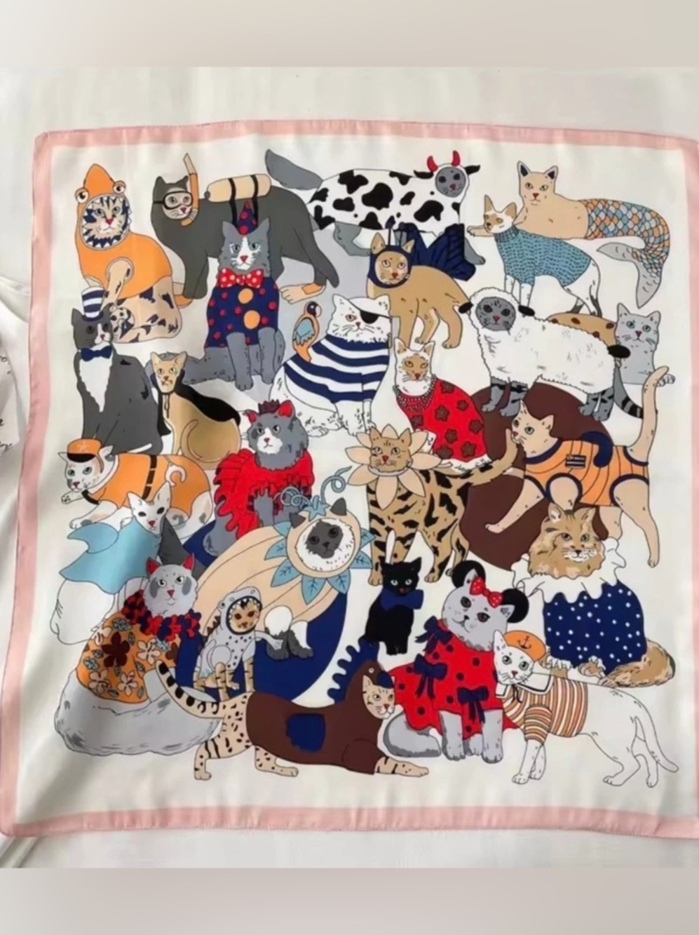 Cat Print Square Scarf in White & Pink Like New